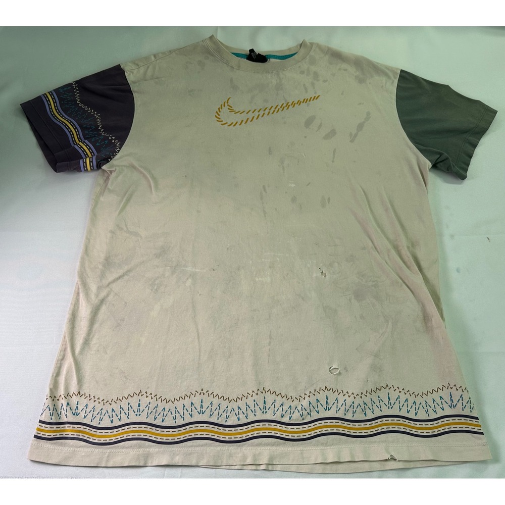NIKE N7 L Mismatched Sleeve T-Shirt Embroidered‎ W/ Holes & Stains